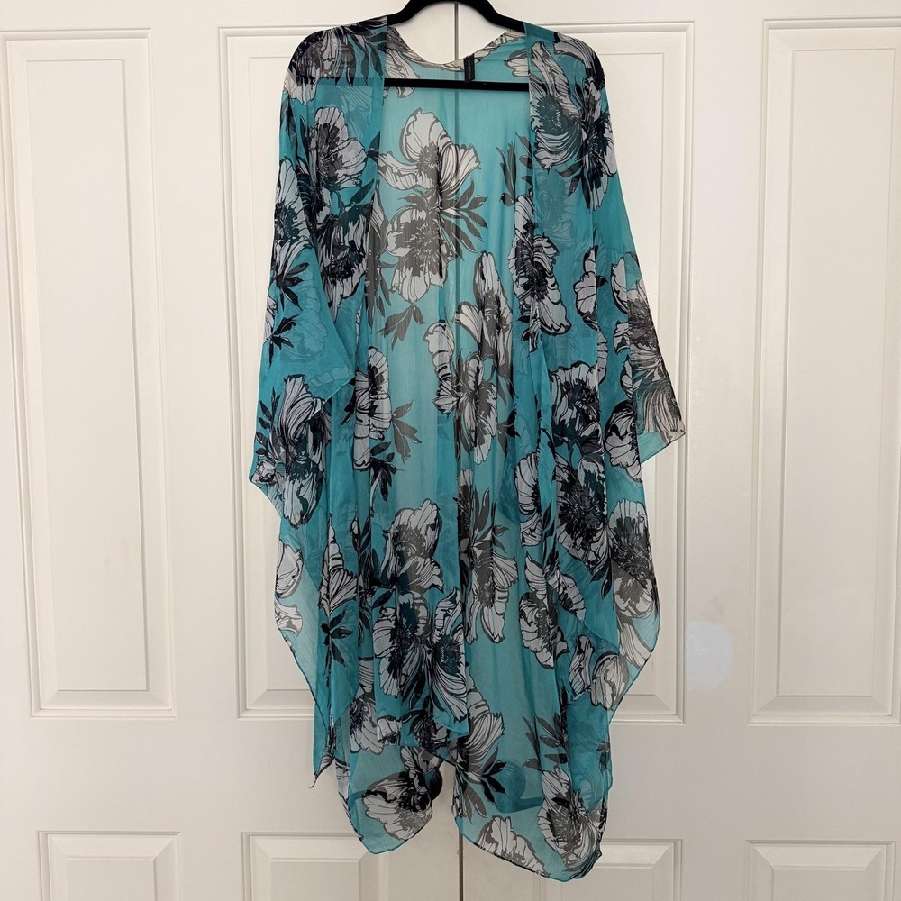 Lane Bryant Kimono Cardigan Womens One Size Aqua Green Floral Sheer Boho Duster